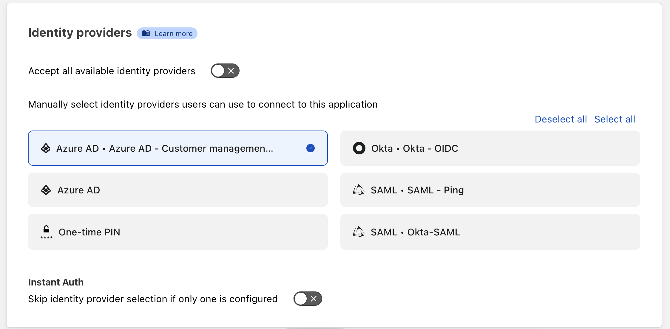 List of identity providers highlighting the Azure AD option