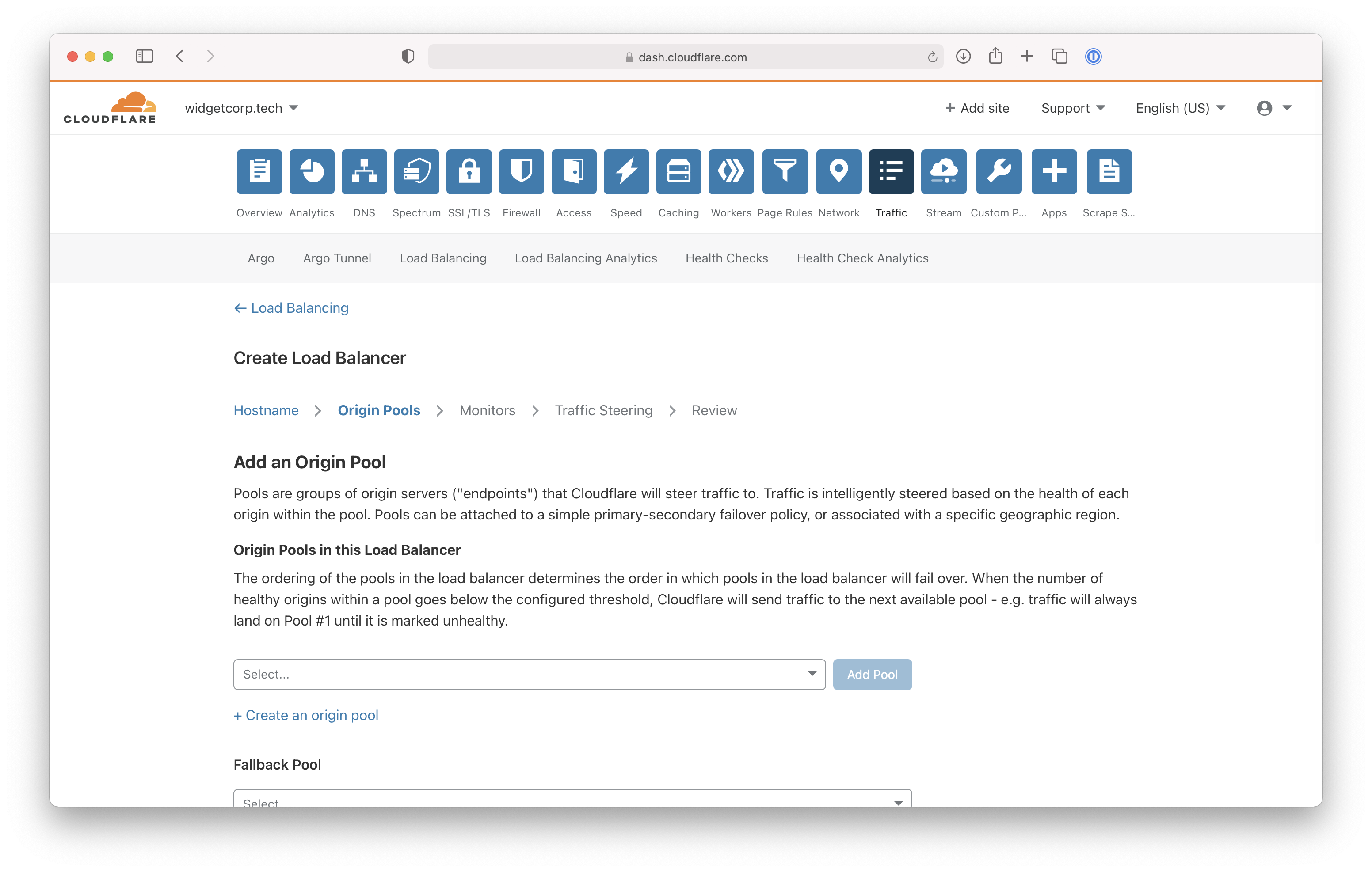 Cloudflare dashboard screen that shows how to create an origin pool