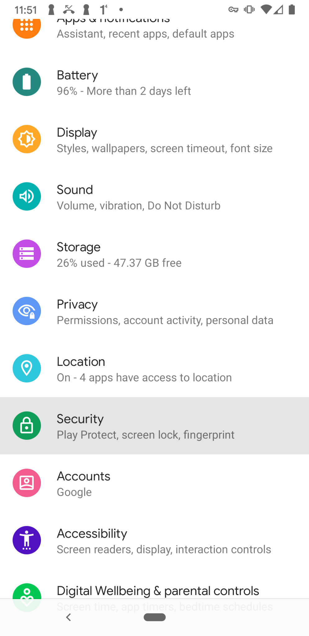 Android Settings screen