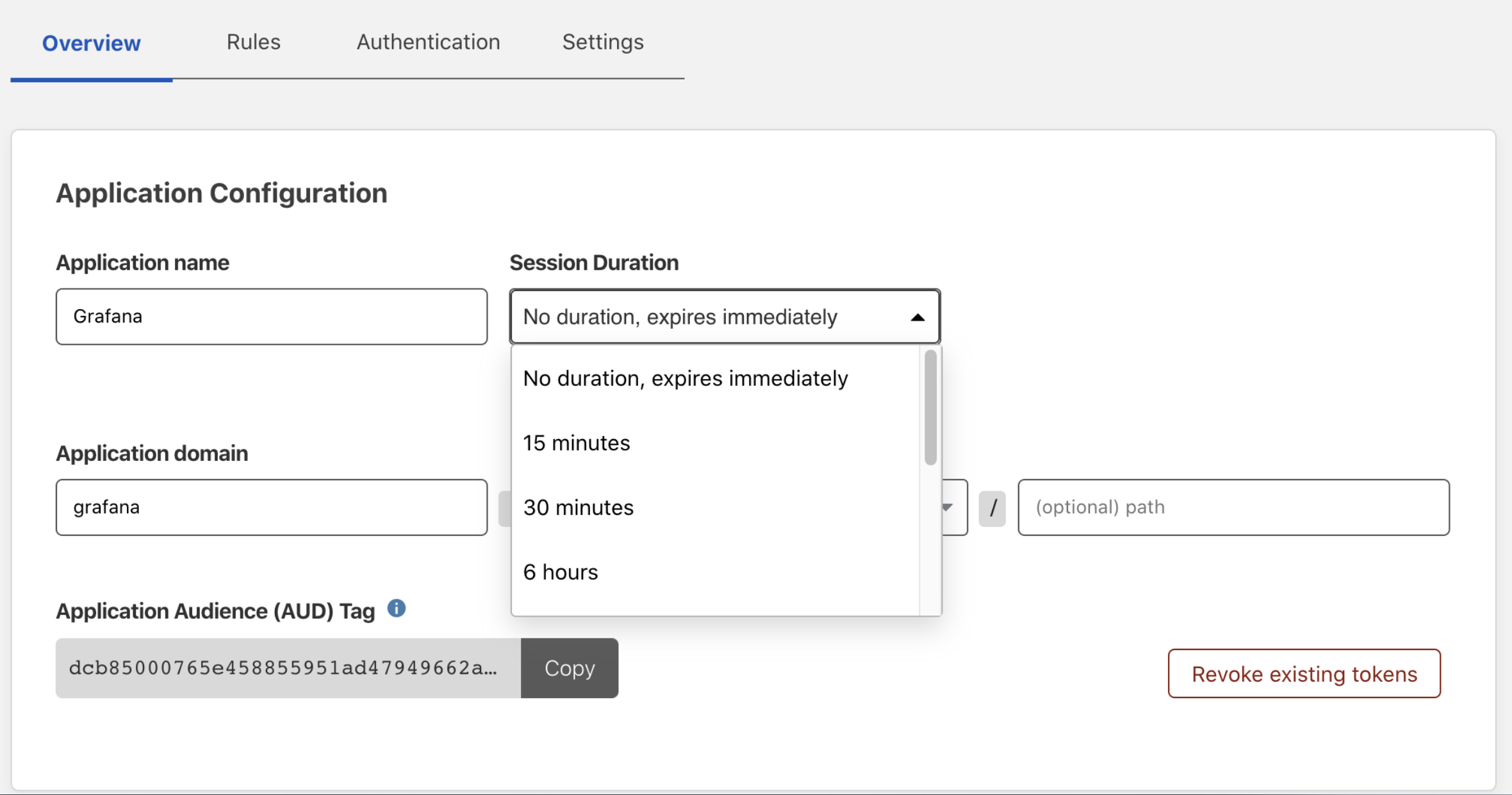 Application overview panel showing options in the Session Duration dropdown menu.