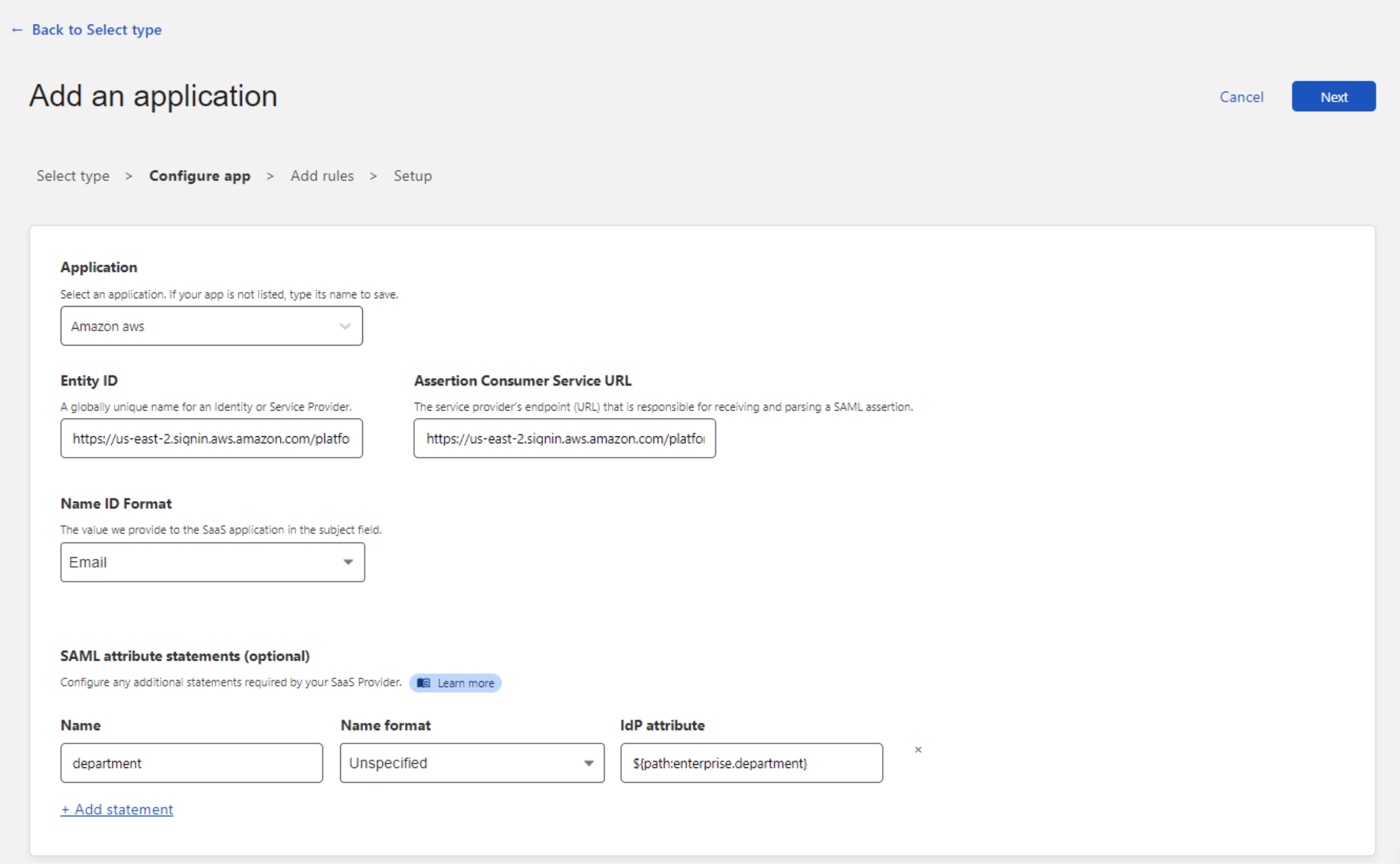 Fields configured using information copied from an AWS account.