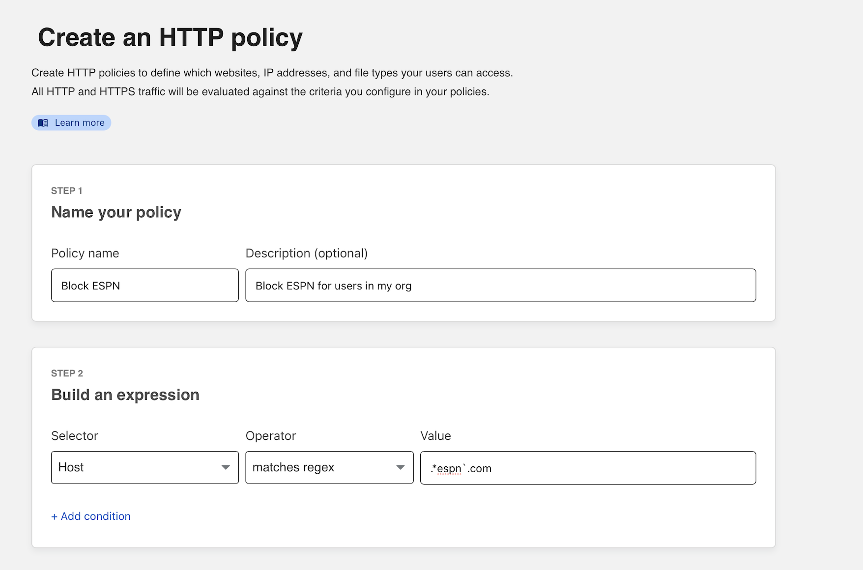 HTTP policy settings reflecting the above example using the matches regex operator to block espn.com