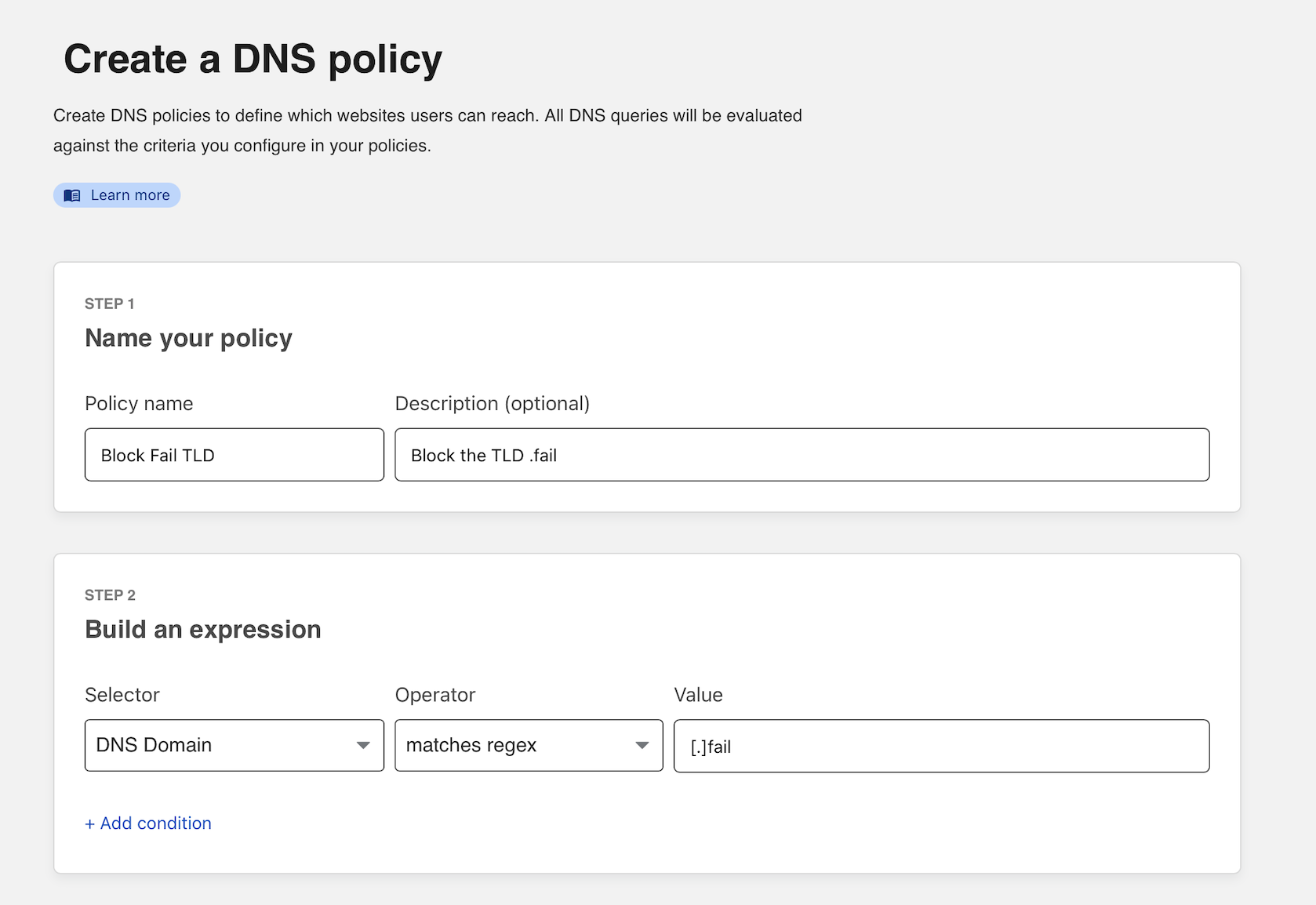 DNS policy fields configured to block the .fail tld.