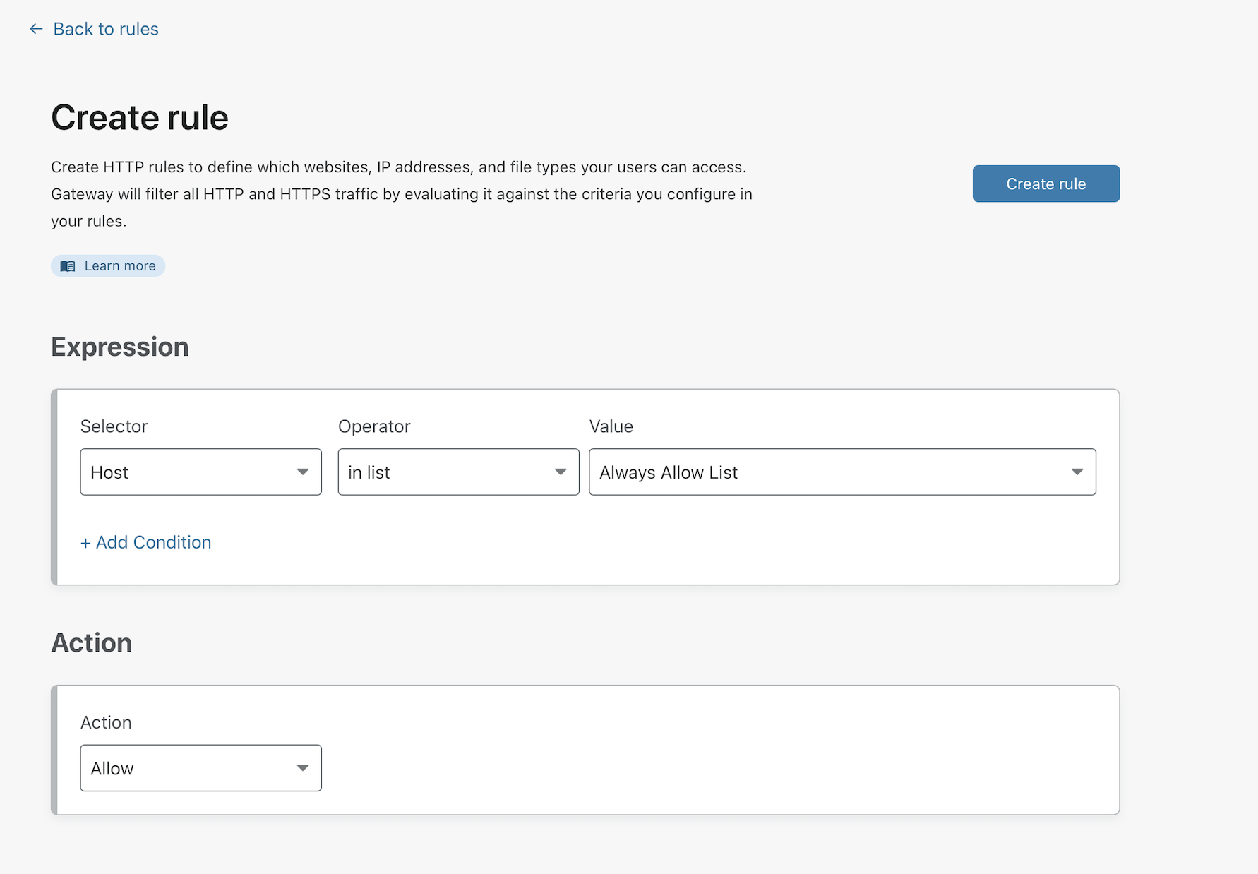 Example configuration of lists in the Cloudflare gateway rule builder.