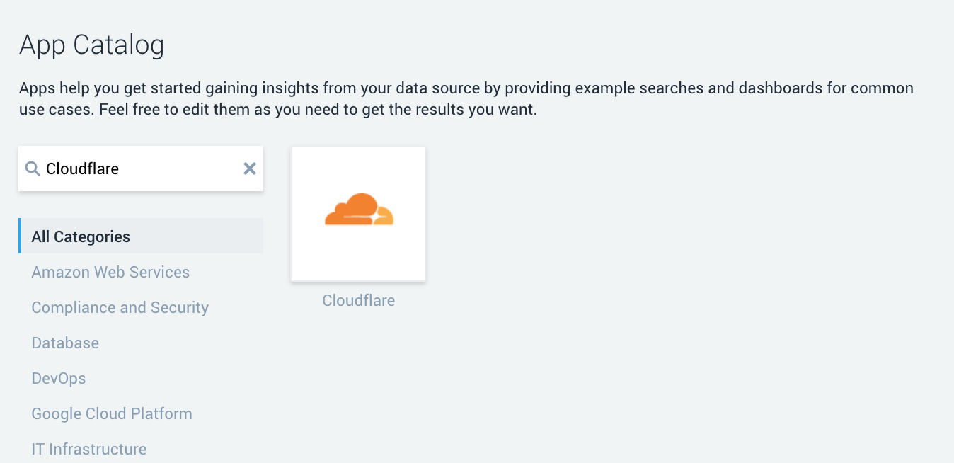 Sumo Logic Cloudflare in App Catalog page with Cloudflare in search bar and Cloudflare app