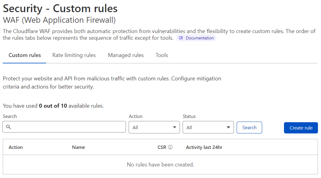 The Custom rules tab, available in the Cloudflare dashboard under Security > WAF.