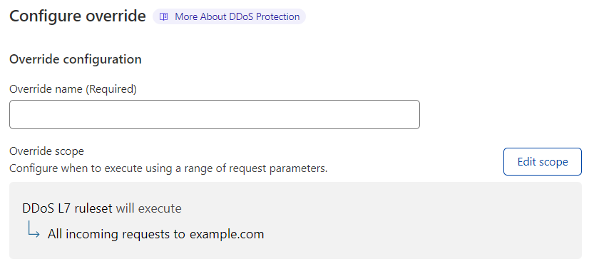 The DDoS L7 managed ruleset override configuration page in the Cloudflare dashboard.