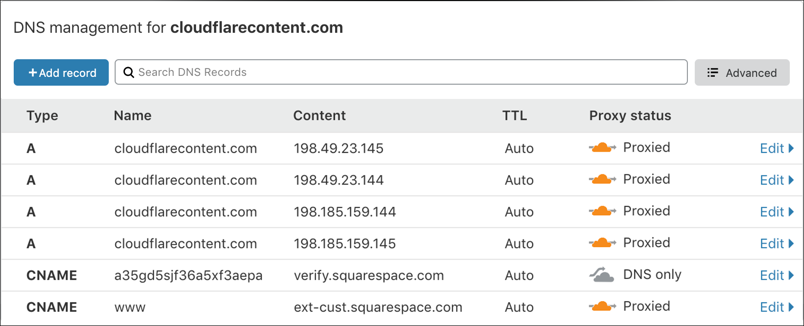 Squarespace에서 확보한 cloudflarecontent.com DNS 레코드의 스크린샷