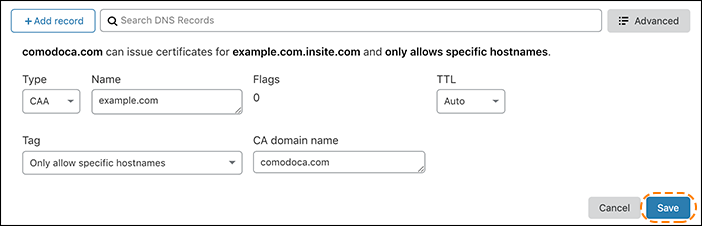 To add your root domain to the certificate, make sure the Tag dropdown specifies to allow wildcards and specific hostnames.