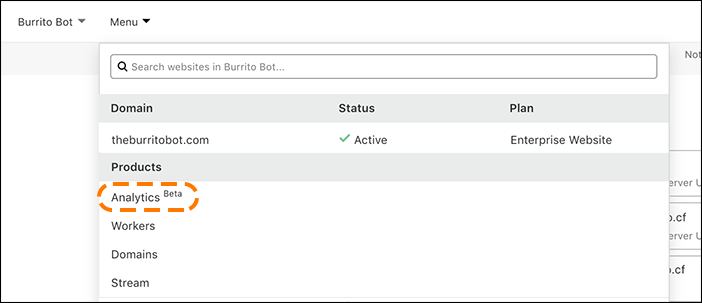 Under Menu, selecting Analytics in the Products section