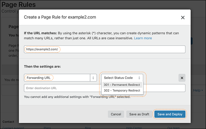 Example Page Rule configuration for forwarding URLs with HTTP status code 301 (permanent redirect) or 302 (temporary redirect).