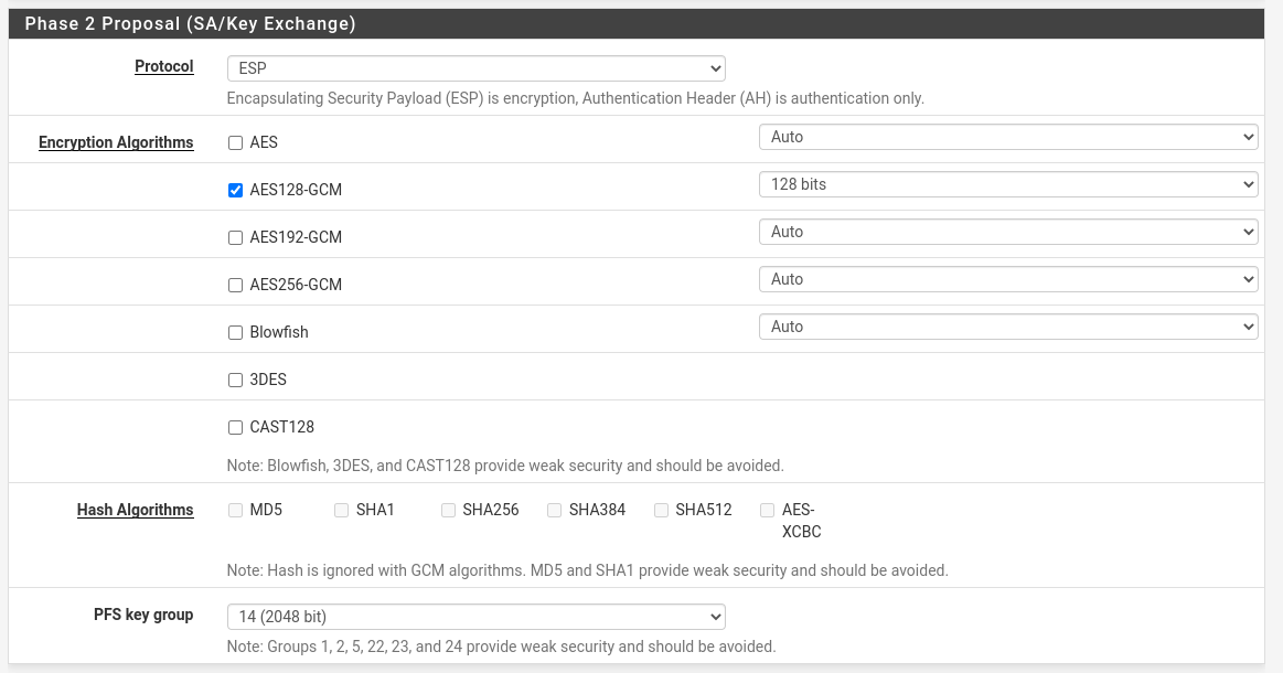 pfSense IPsec phase 2 key exchange values