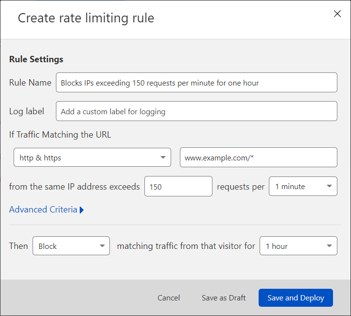 Boîte de dialogue contextuelle de création d’une règle Rate Limiting avec un exemple de configuration de règle. La règle bloquera les requêtes provenant d’adresses IP qui dépassent les 150 requêtes par minute pendant une heure.