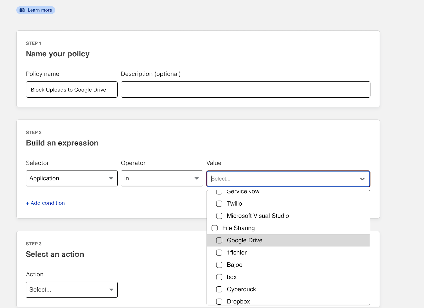 Selecting Google Drive in the Value field dropdown menu.