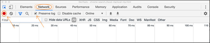 Where to find the record button in Chrome’s dev tools.