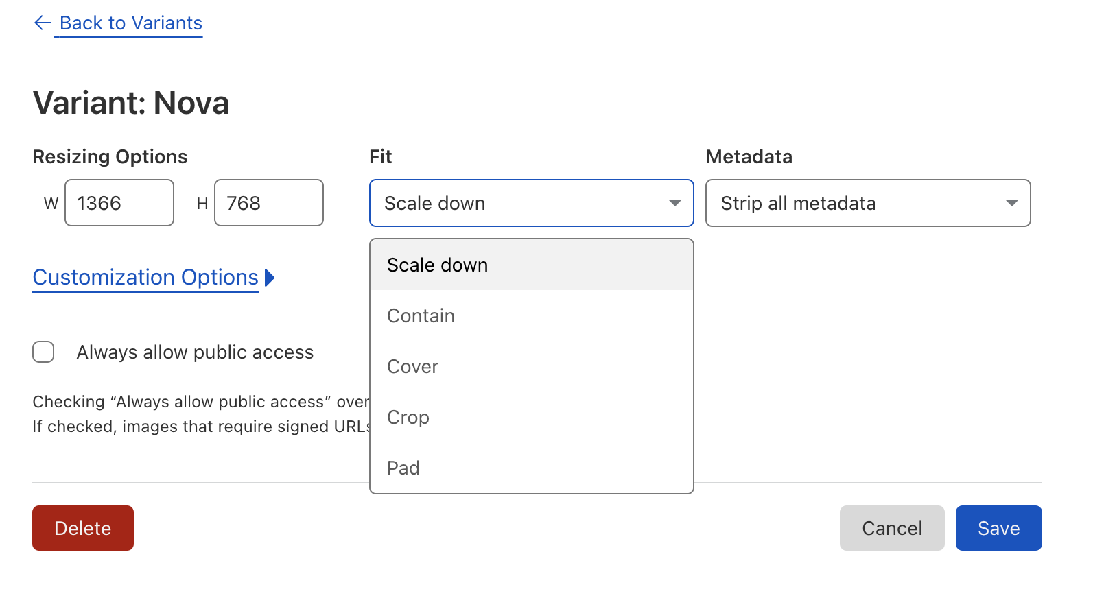 Configure variants in Cloudflare Images